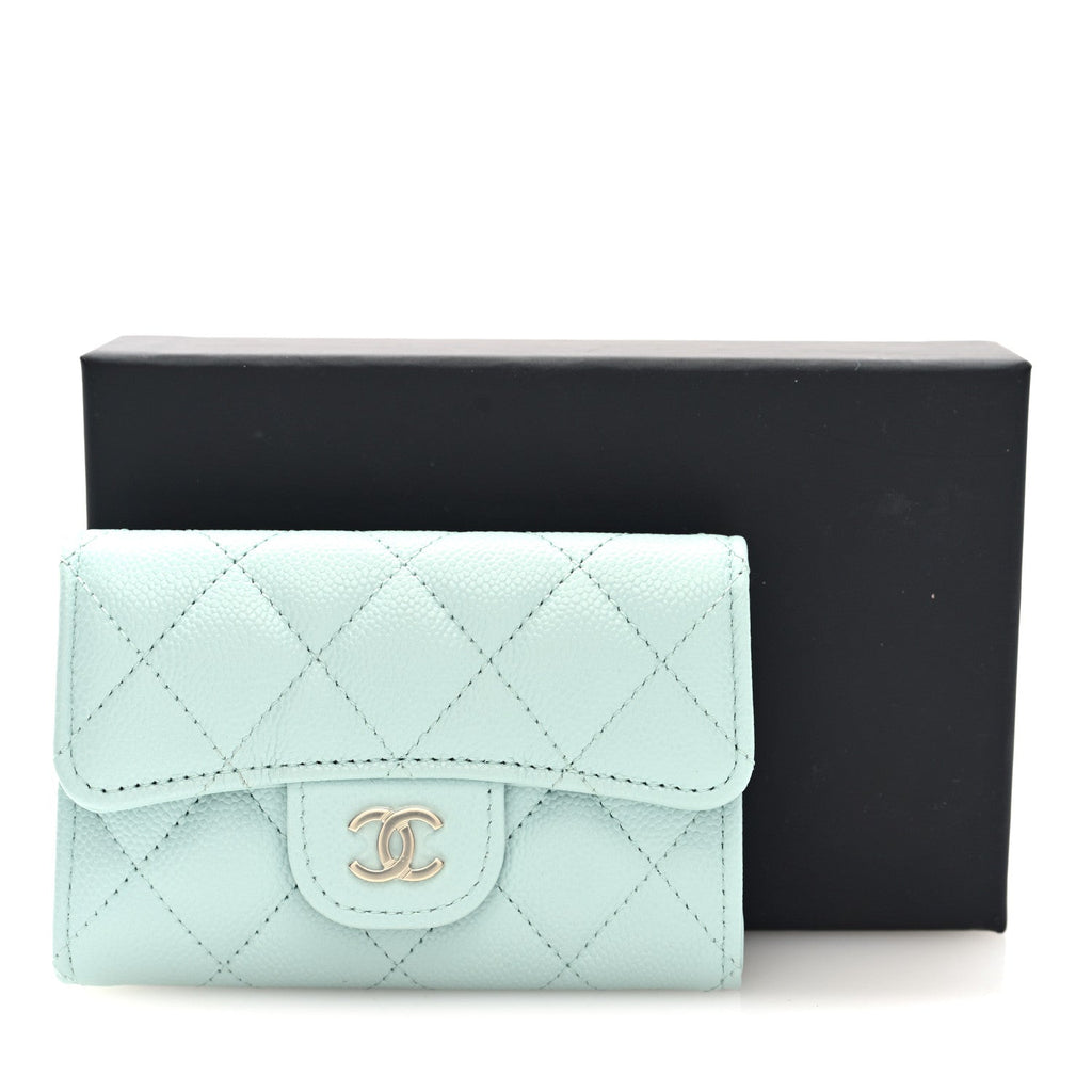 Caviar Quilted Flap Card Holder Wallet Light Blue