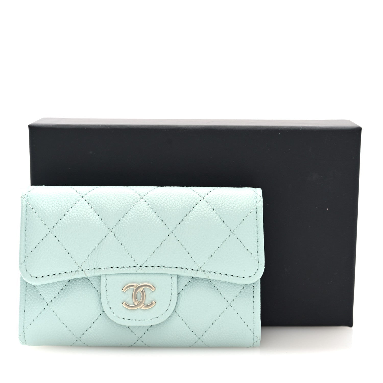 Caviar Quilted Flap Card Holder Wallet Light Blue