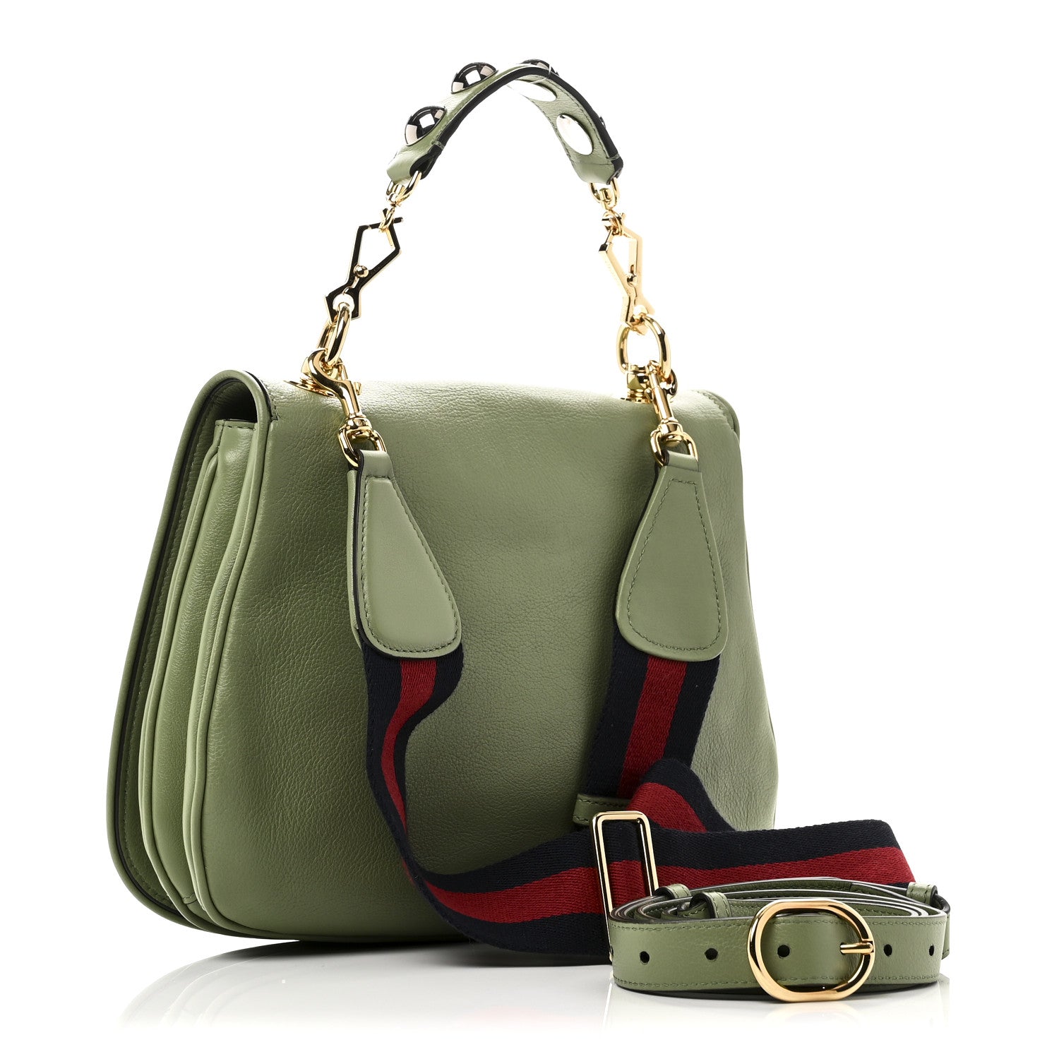 Gucci Roxy Calfskin Web Medium Blondie Top Handle Shoulder Flap Bag Salamander Green