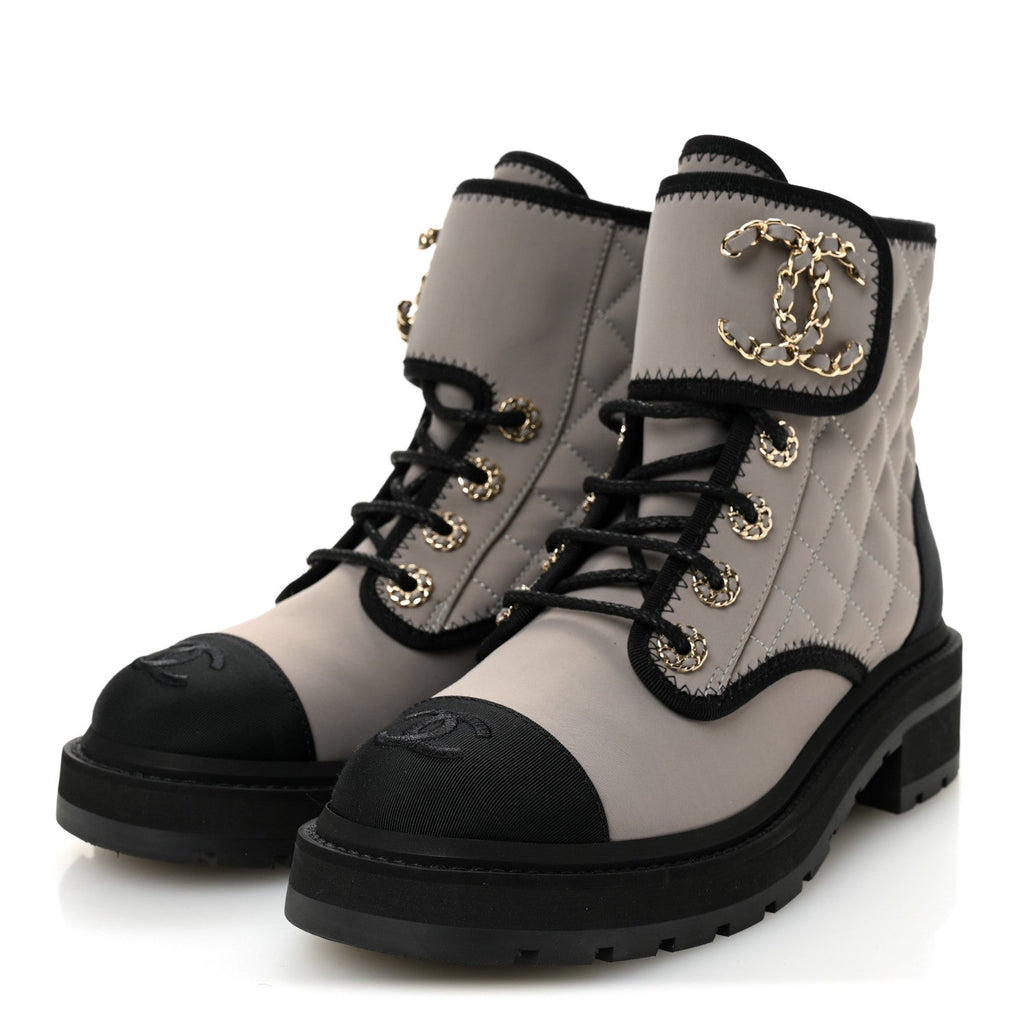 Fabric Grosgrain Quilted Cap Toe Lace Up Combat Boots 36 Gray