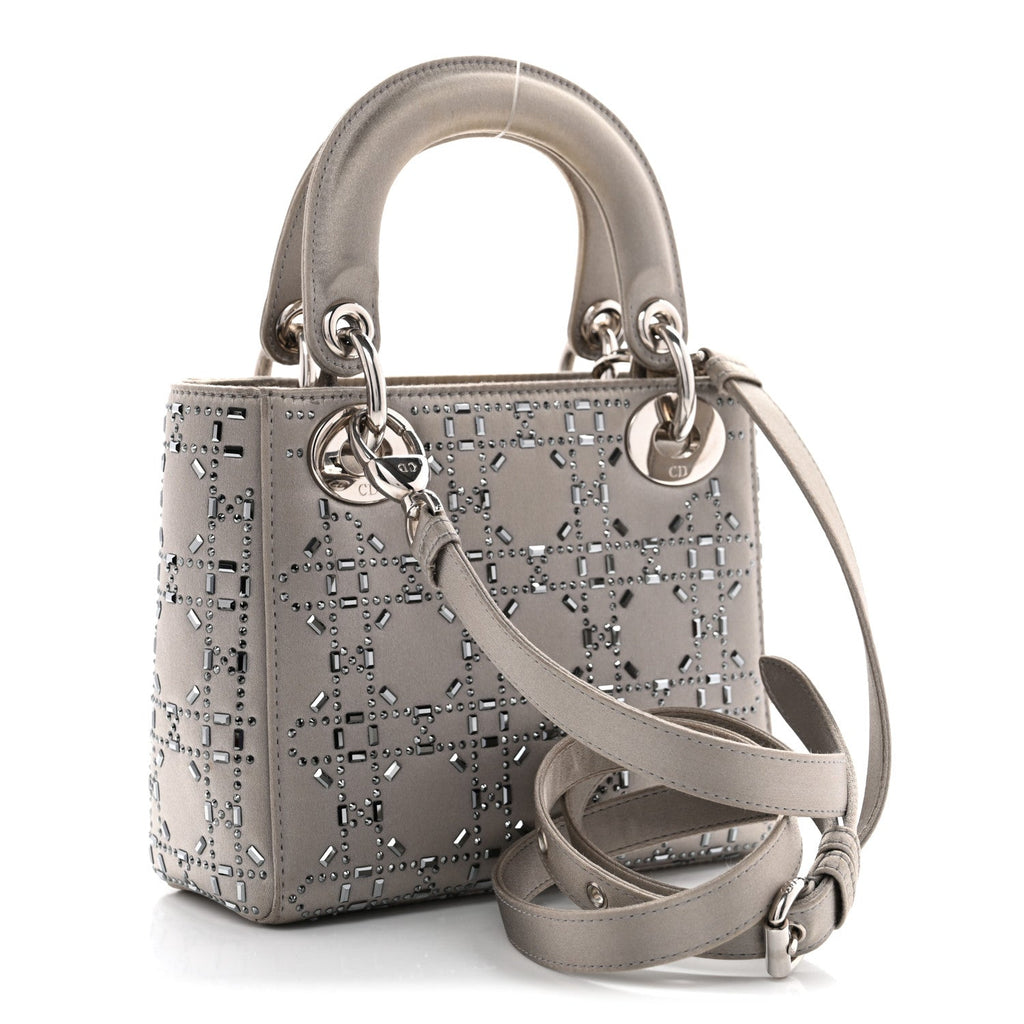 Christian Dior Satin Crystal Cannage Mini Lady Dior Gray