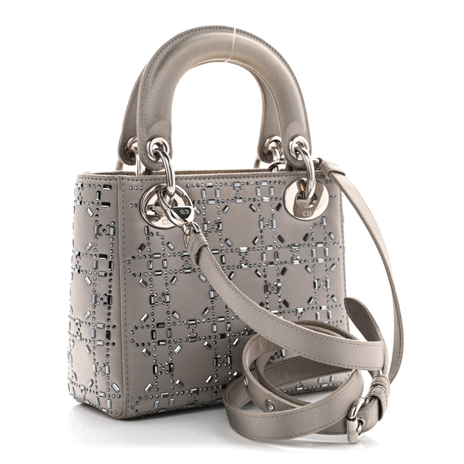 Christian Dior Satin Crystal Cannage Mini Lady Dior Gray