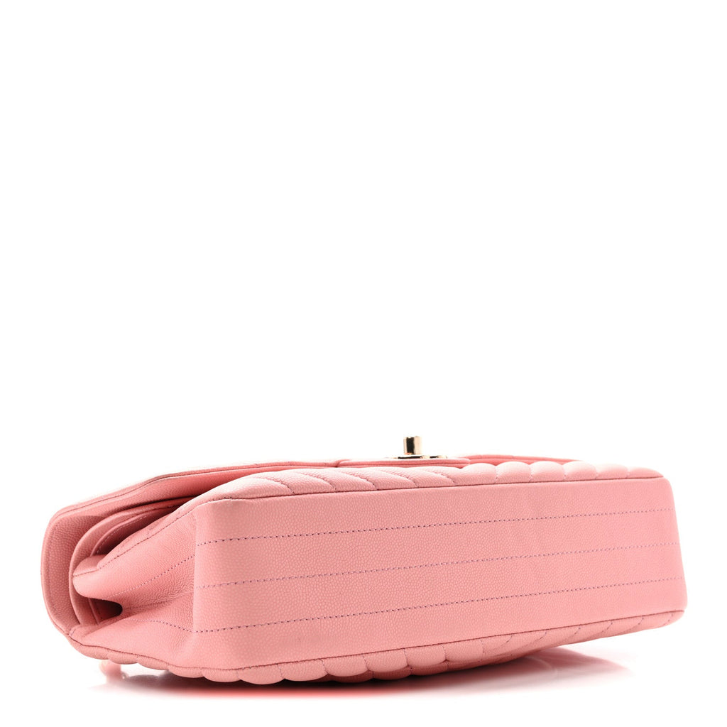 Chanel Caviar Flat Chevron Quilted Medium Double Flap Pink