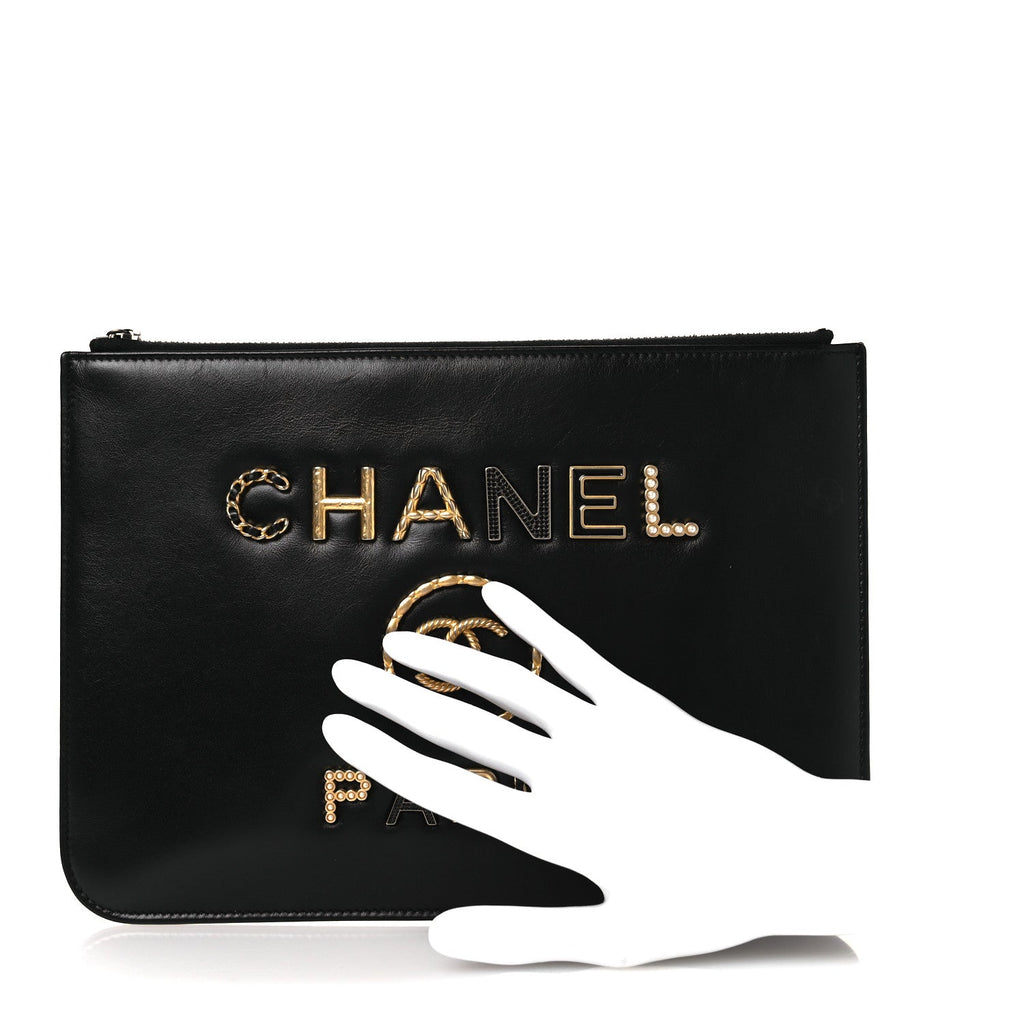 Chanel Shiny Calfskin Crystal Pearl Logo Cosmetic Case Black