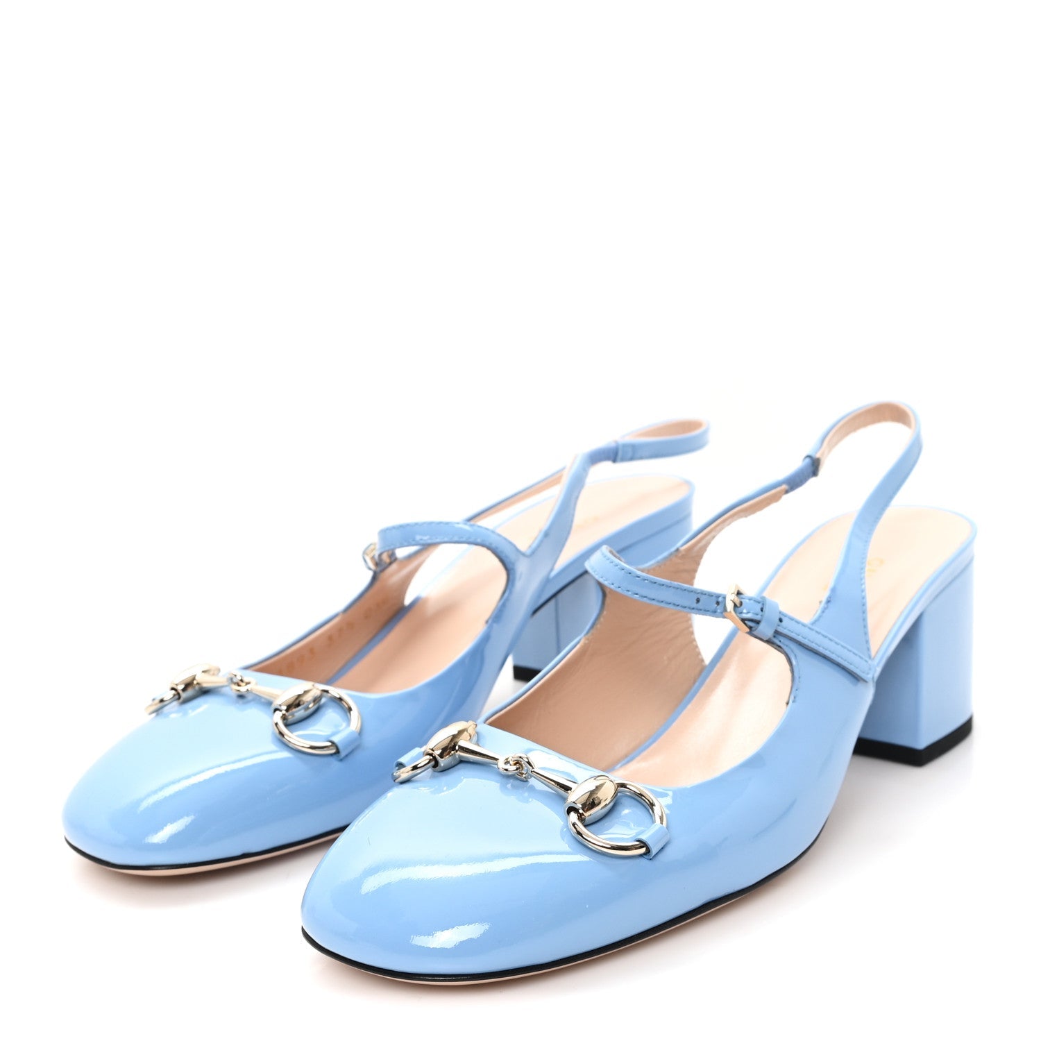 Gucci Vernice Crystal Horsebit Charlotte 42mm Slingback Pumps 37.5 Glacial Blue