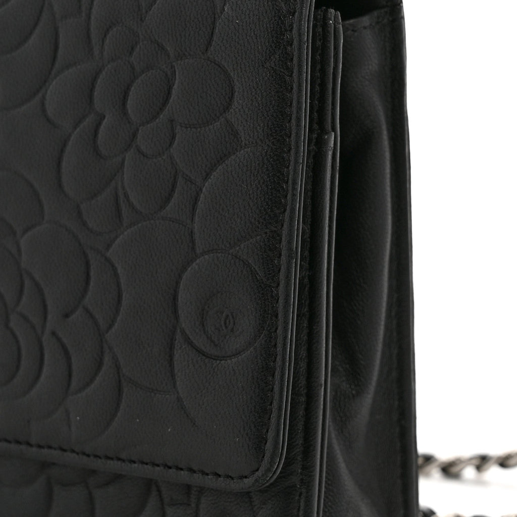 Chanel Lambskin Camellia Embossed Wallet On Chain WOC Black