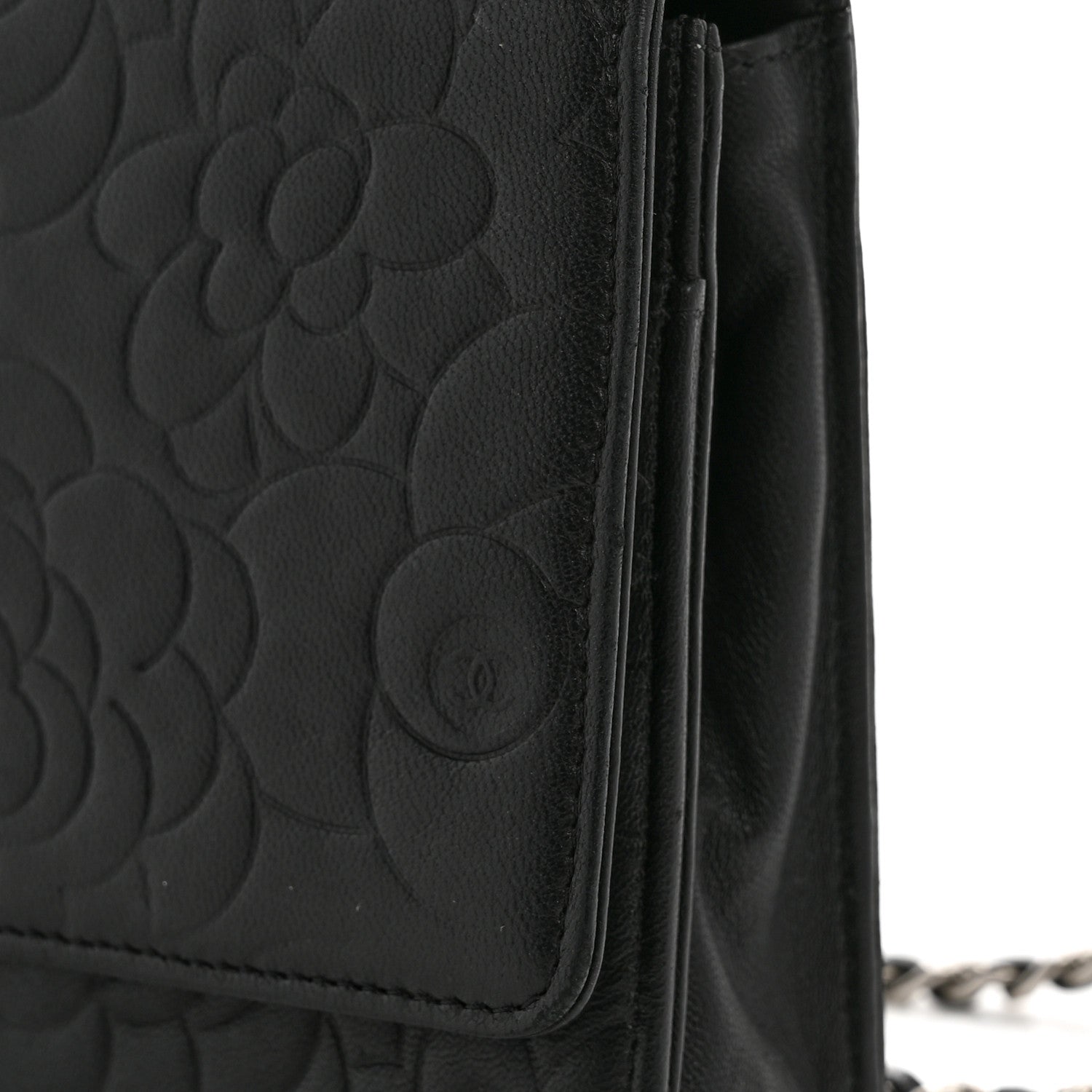 Chanel Lambskin Camellia Embossed Wallet On Chain WOC Black