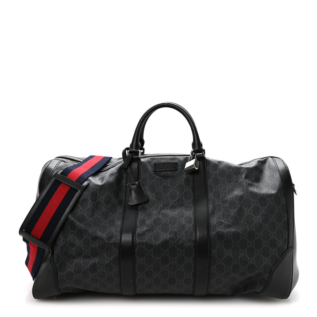 Gucci Soft GG Supreme Monogram Appia Calfskin Web Large Carry On Duffle Bag Black Grey