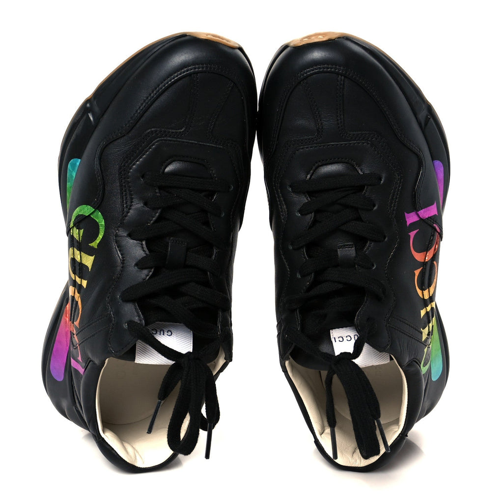 Gucci Calfskin Iridescent Logo Mens Rhyton Sneakers 8.5 Black