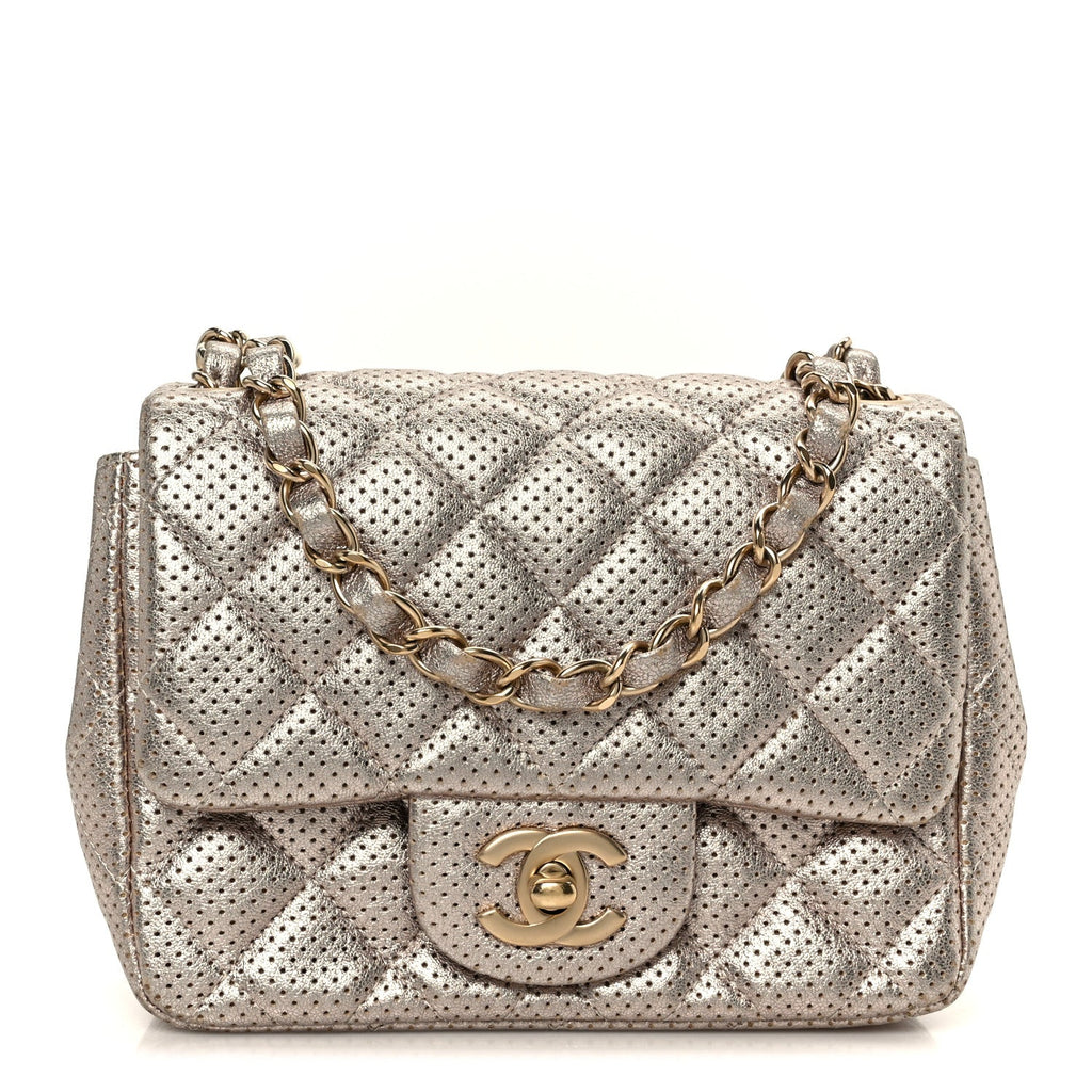 Chanel Metallic Lambskin Perforated Mini Square Flap Light Pink