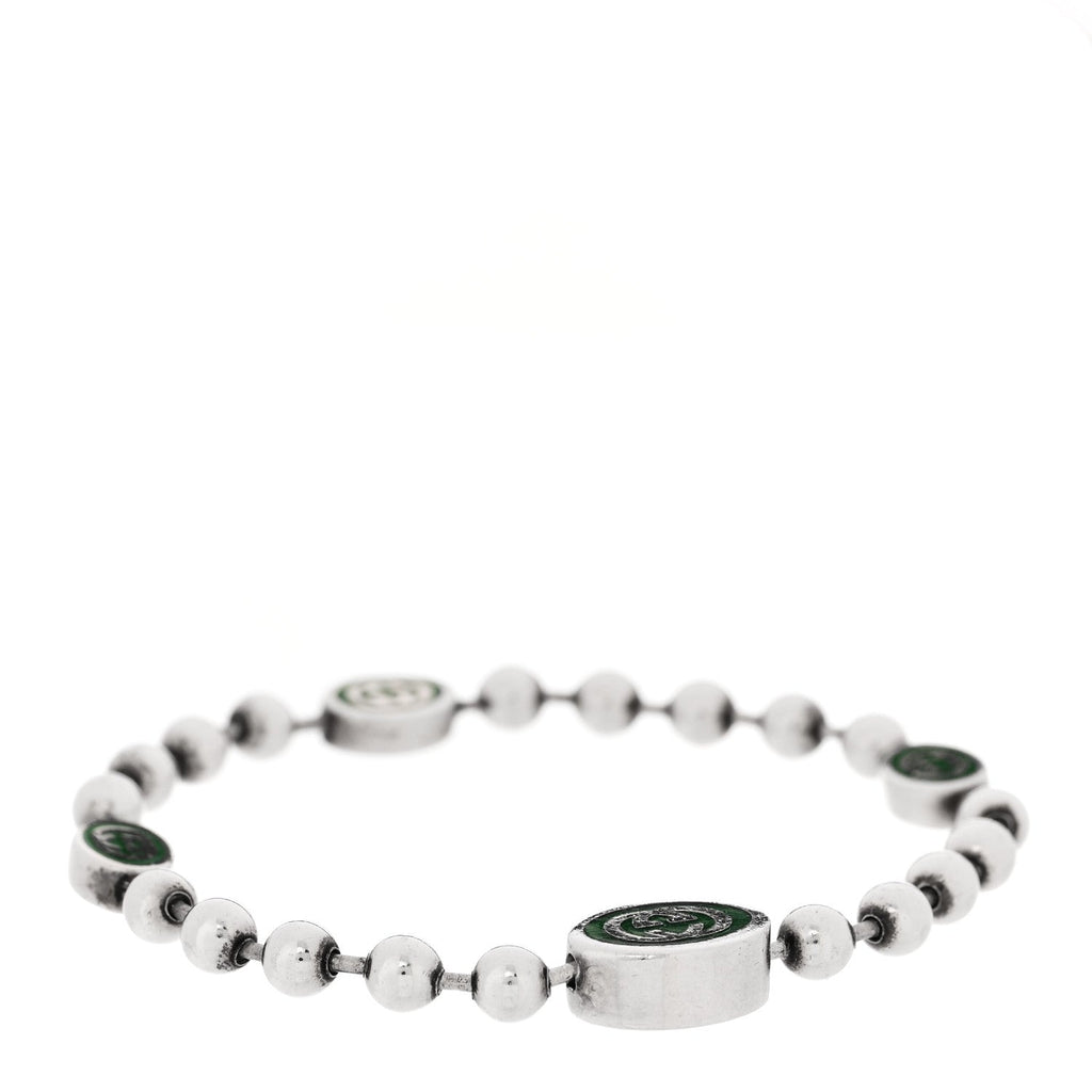Gucci Sterling Silver Enamel Interlocking G Boule Chain Bracelet Green