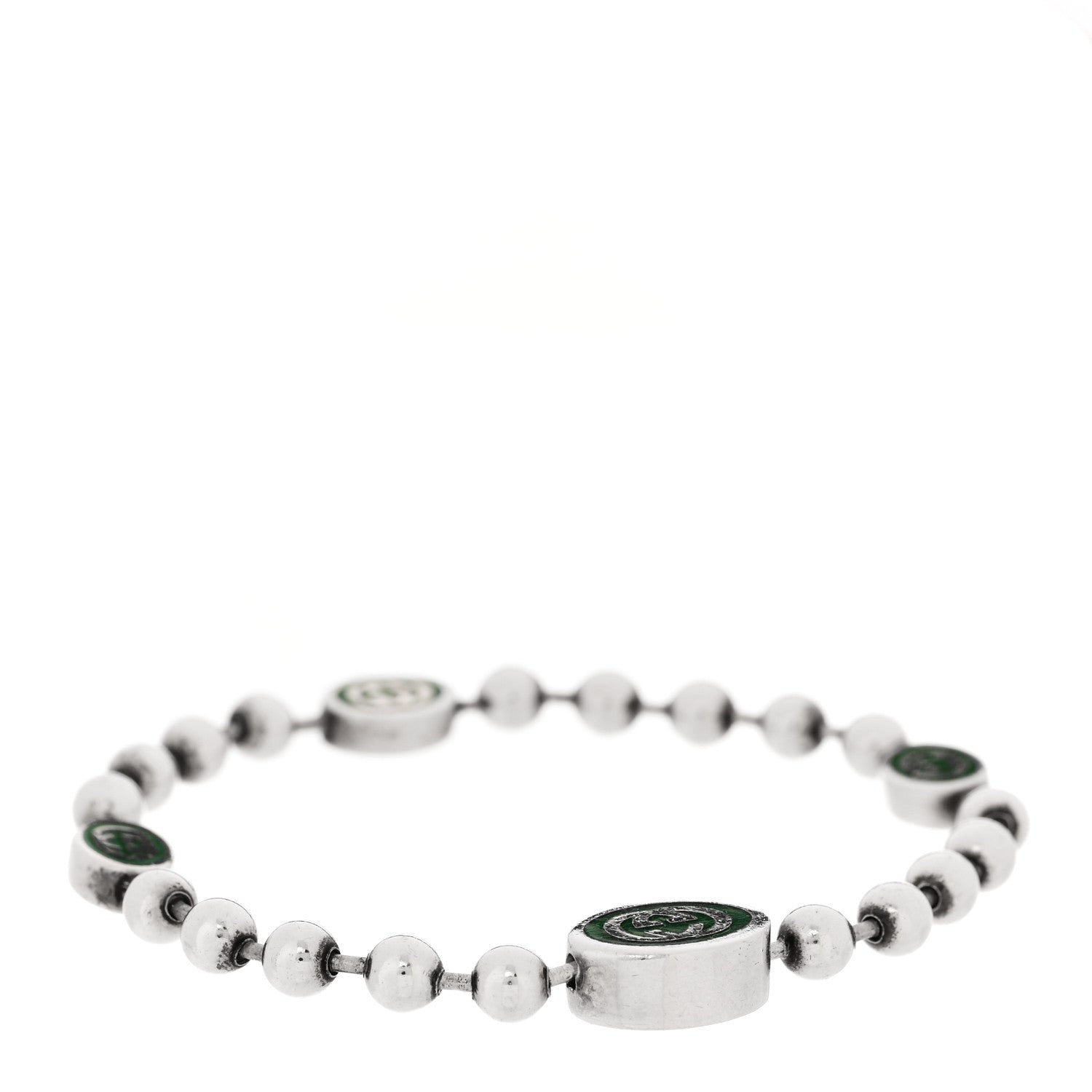Gucci Sterling Silver Enamel Interlocking G Boule Chain Bracelet Green