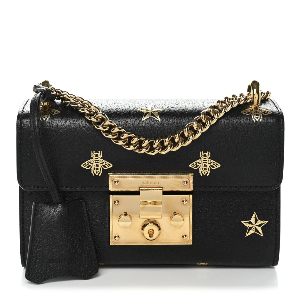 Gucci Grained Calfskin Bee Star Small Padlock Shoulder Bag Black