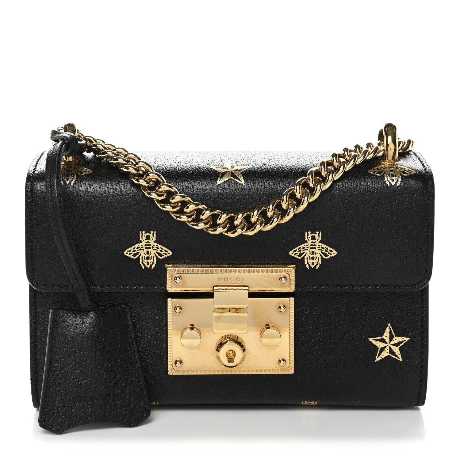 Gucci Grained Calfskin Bee Star Small Padlock Shoulder Bag Black