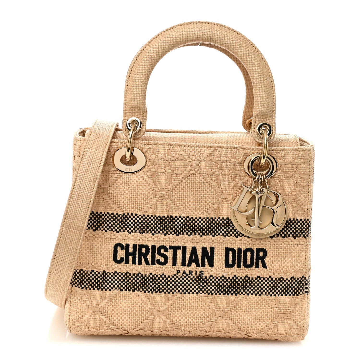Christian Dior Raffia Woven Cannage Embroidered Medium Lady D-Lite Natural Black