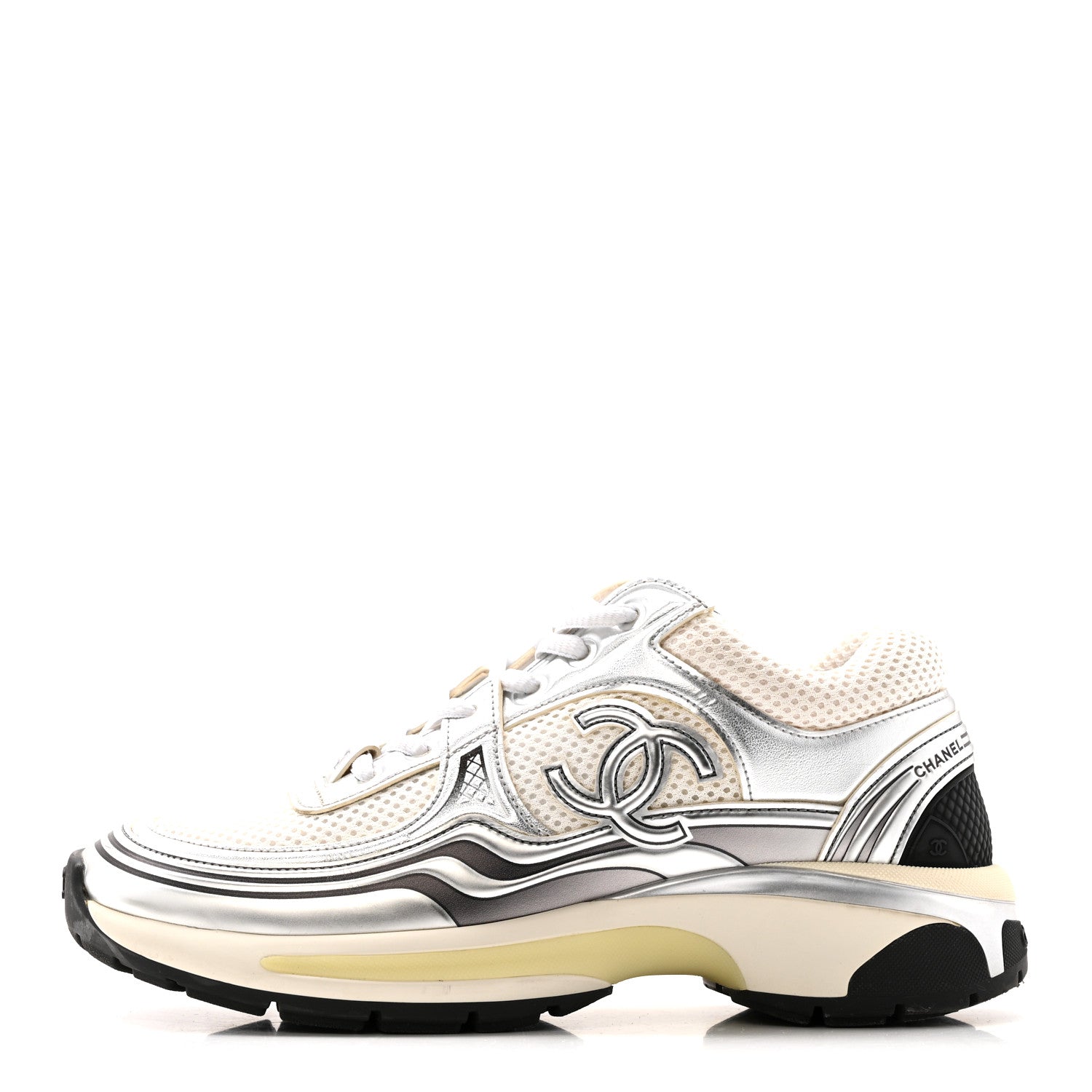 Fabric Laminated Calfskin Stretch CC Womens Sneakers 36 White Silver