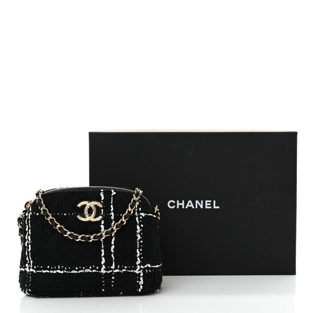Chanel Tweed Quilted Mini Clutch With Chain Black White
