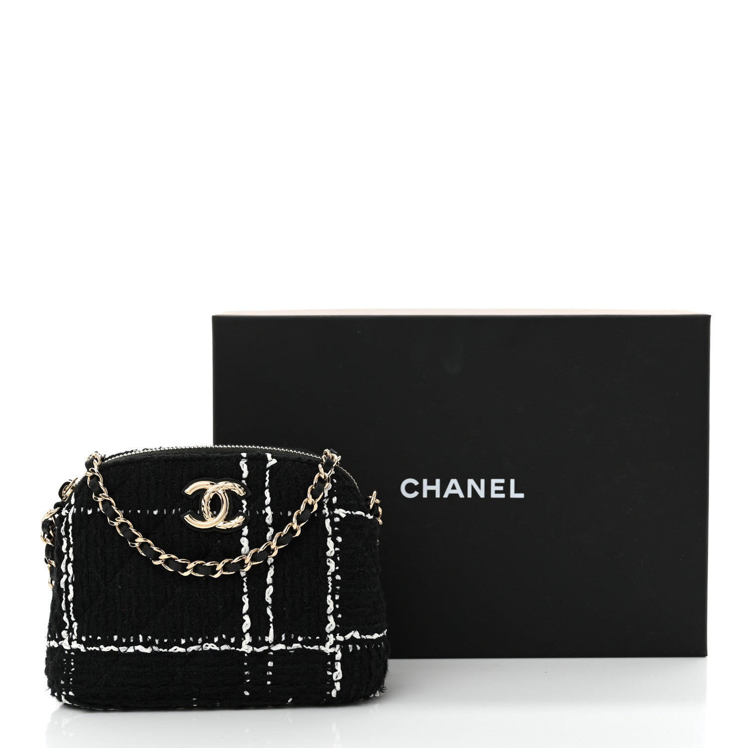 Chanel Tweed Quilted Mini Clutch With Chain Black White