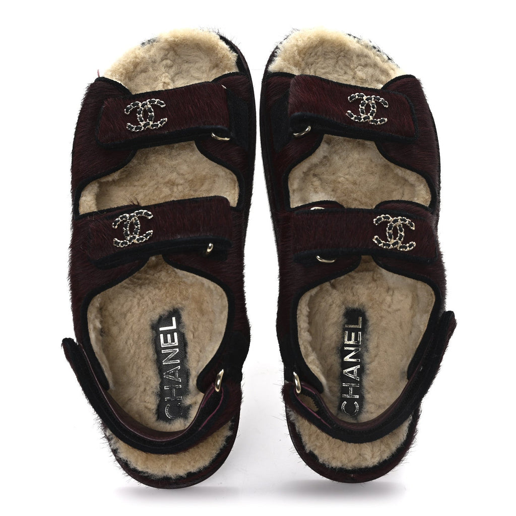 Calf Hair Suede Shearling Dad Sandals 36.5 Burgundy Black
