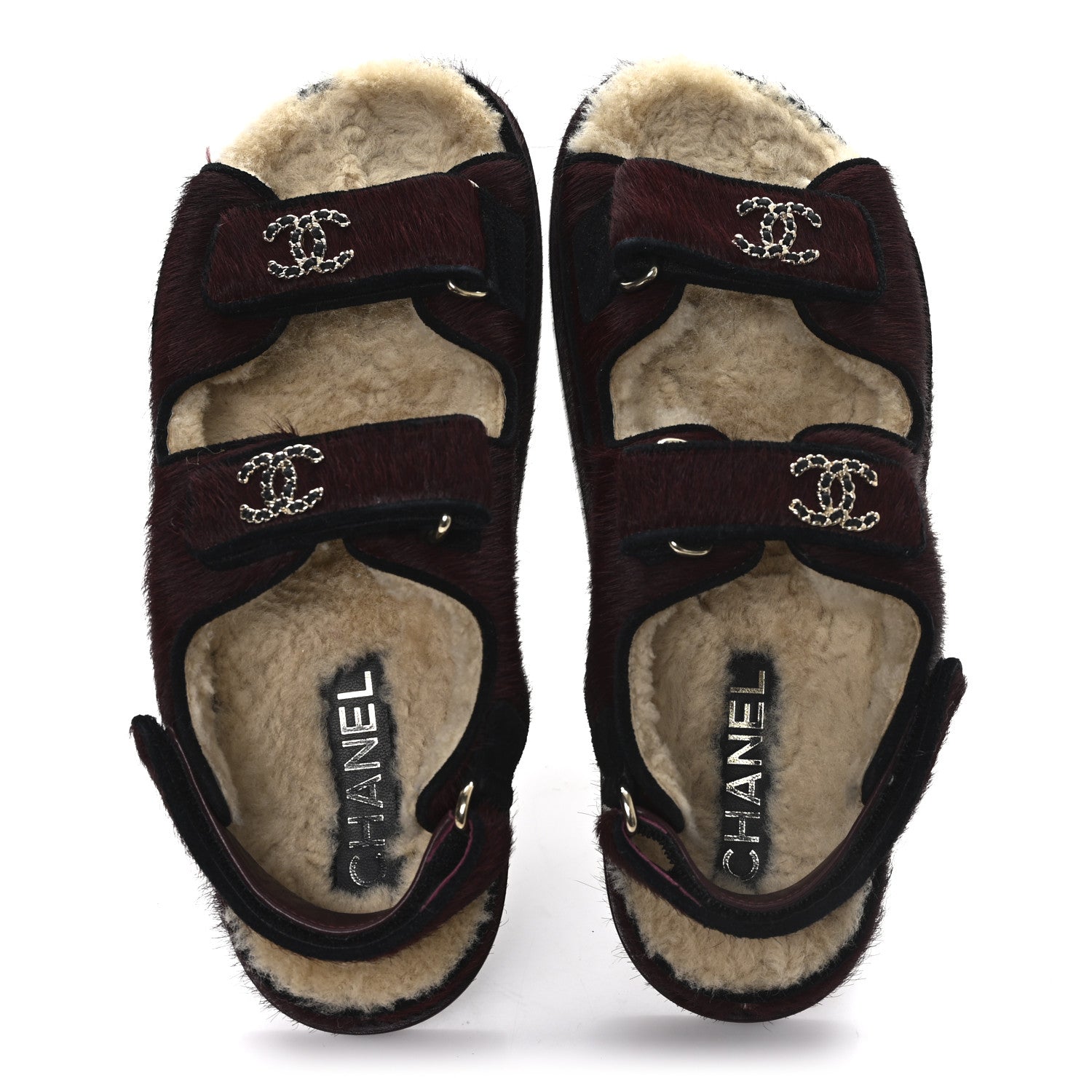 Calf Hair Suede Shearling Dad Sandals 36.5 Burgundy Black