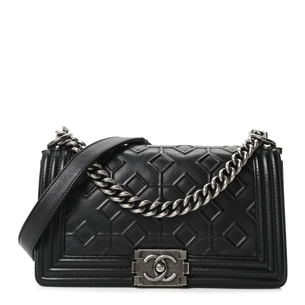 Chanel Calfskin Crystal Embossed Medium Boy Flap Black