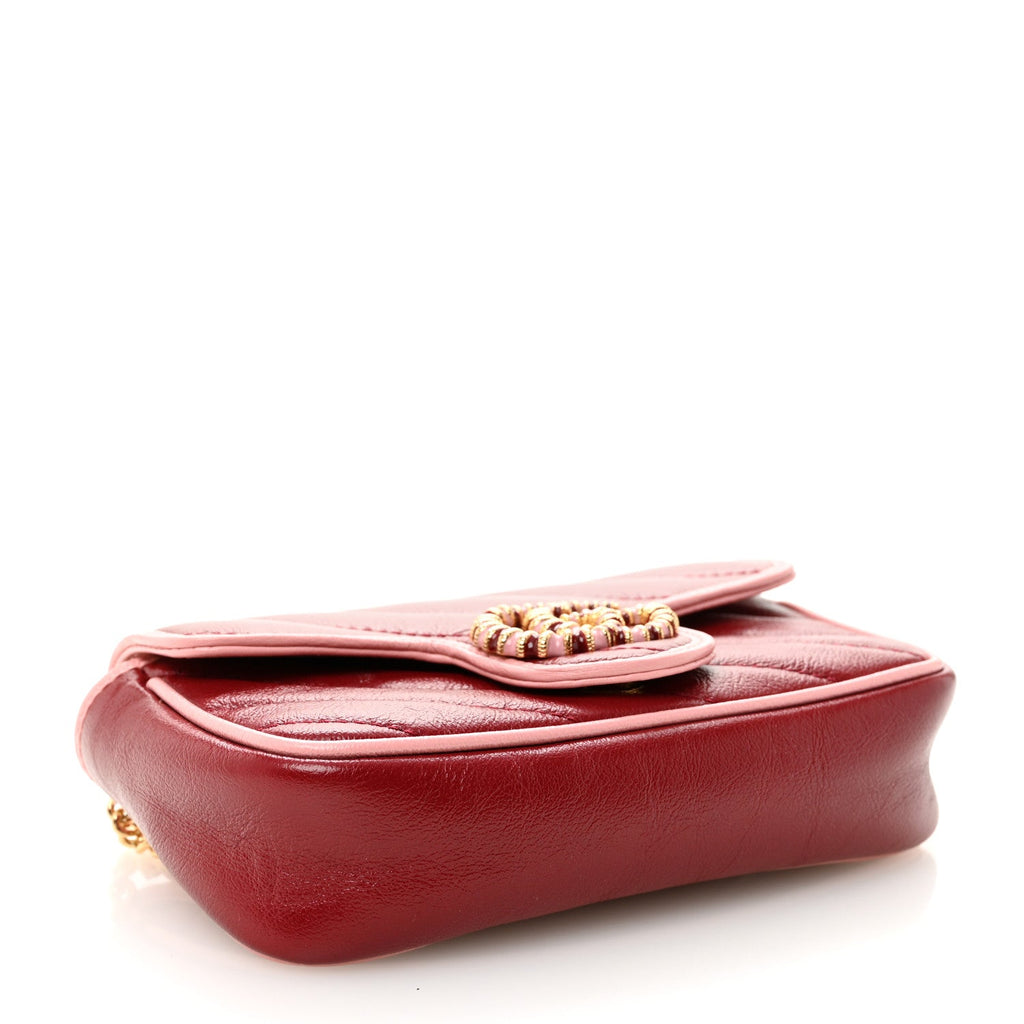 Gucci Azalea Calfskin Enamel Matelasse Diagonal Super Mini Torchon GG Marmont Shoulder Bag New Cherry Red Wild Rose