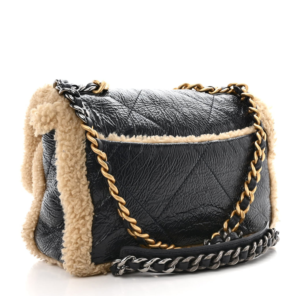 Chanel Crumpled Calfskin Shearling Sheepskin Quilted Medium Chanel 19 Flap Navy