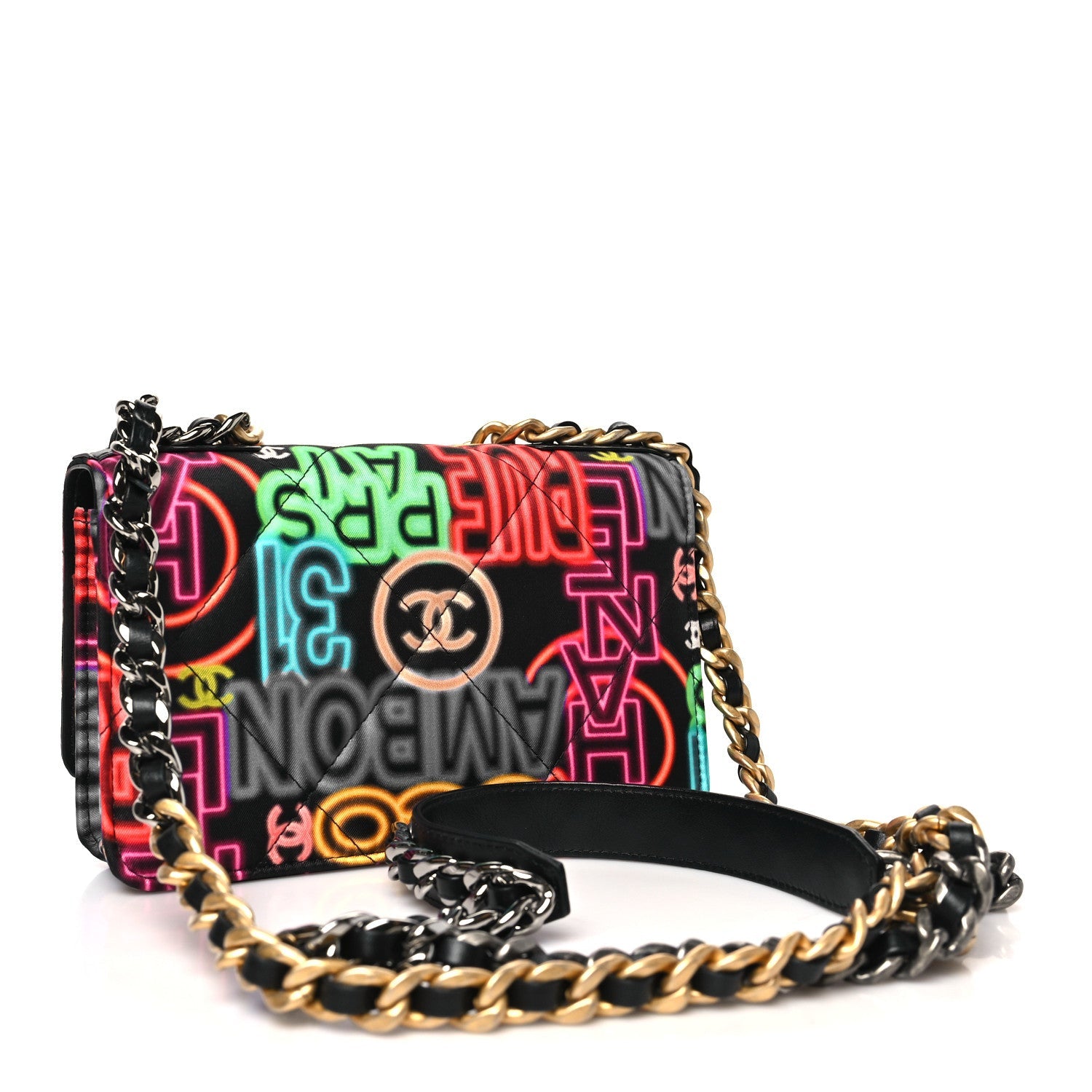 Chanel Fabric Printed Chanel 19 Wallet On Chain WOC Black Multicolor