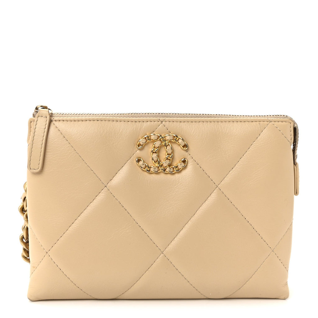 Chanel Shiny Goatskin Quilted Chanel 19 Small Pouch With Handle Beige