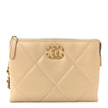 Chanel Shiny Goatskin Quilted Chanel 19 Small Pouch With Handle Beige