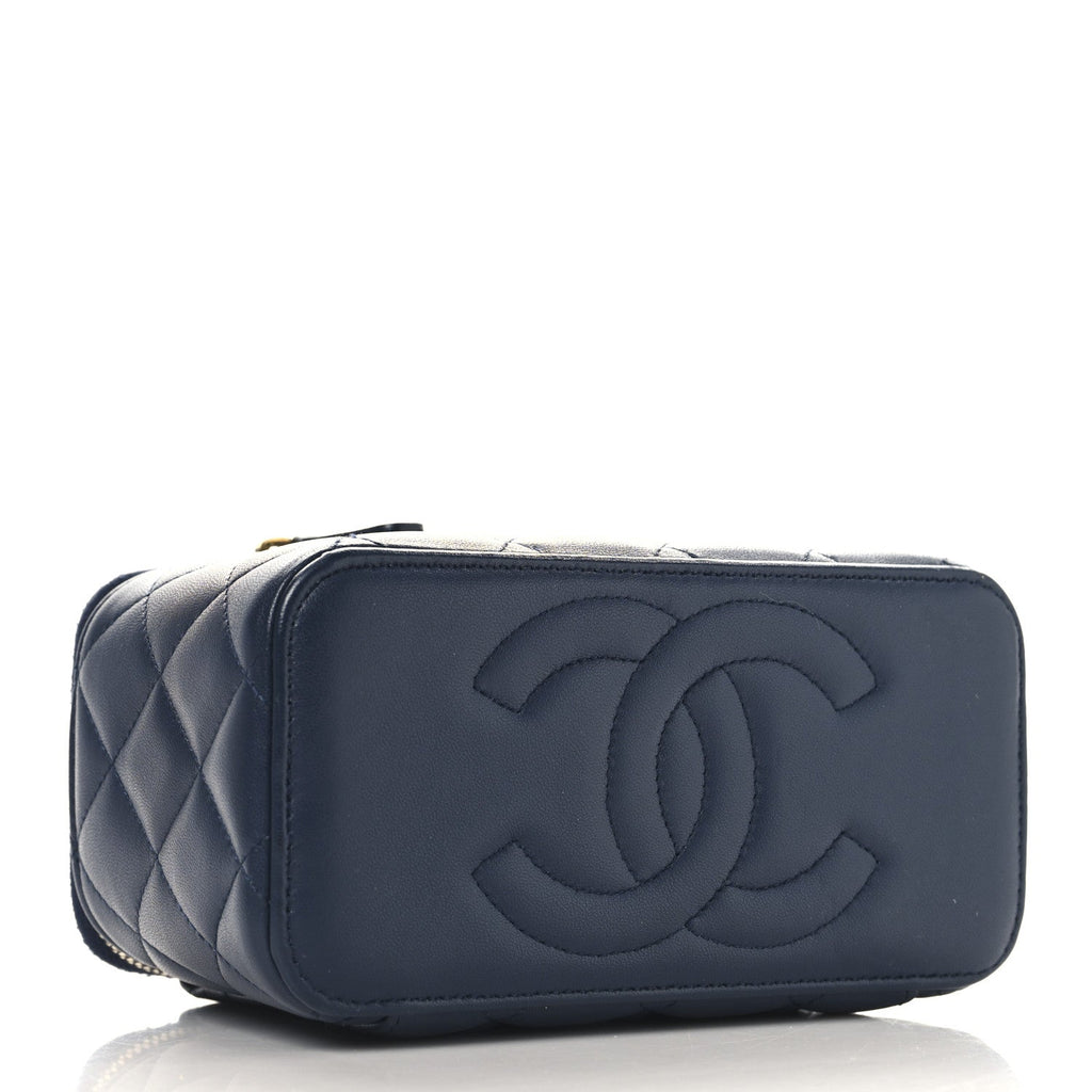 Chanel Lambskin Quilted Metal Small Top Handle Vanity Case With Chain Blue