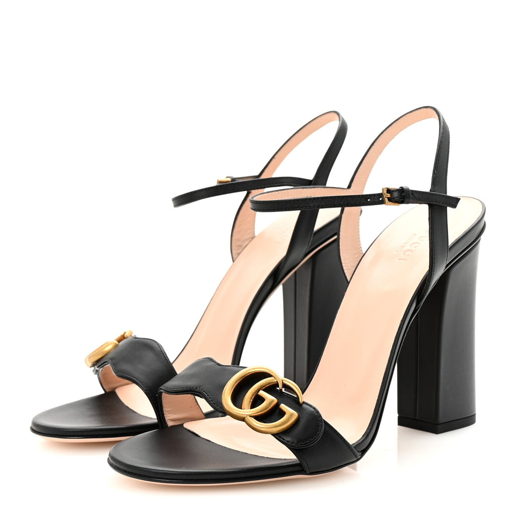 Gucci Lifford Calfskin GG Marmont Ankle Wrap 105mm Sandals 41 Black
