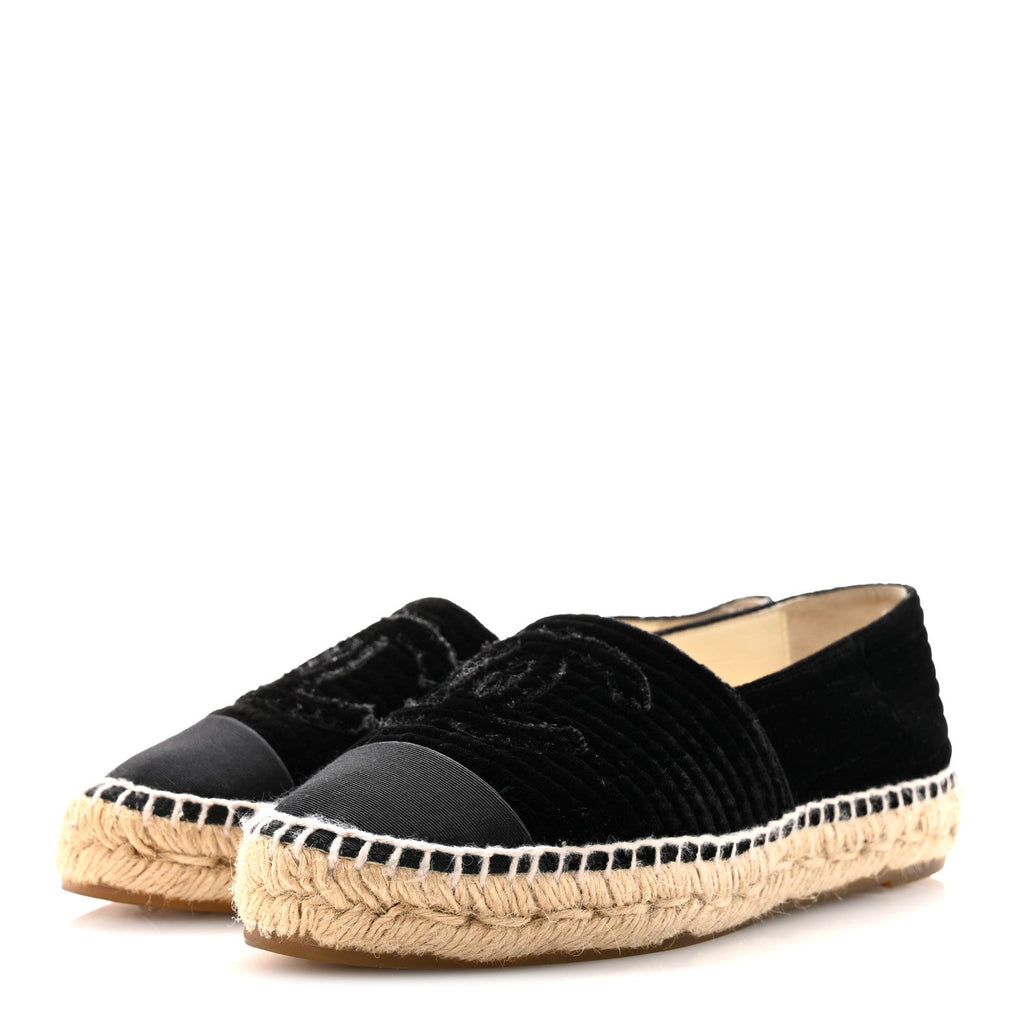 Chanel Velvet Grosgrain Quilted CC Espadrilles 35 Black