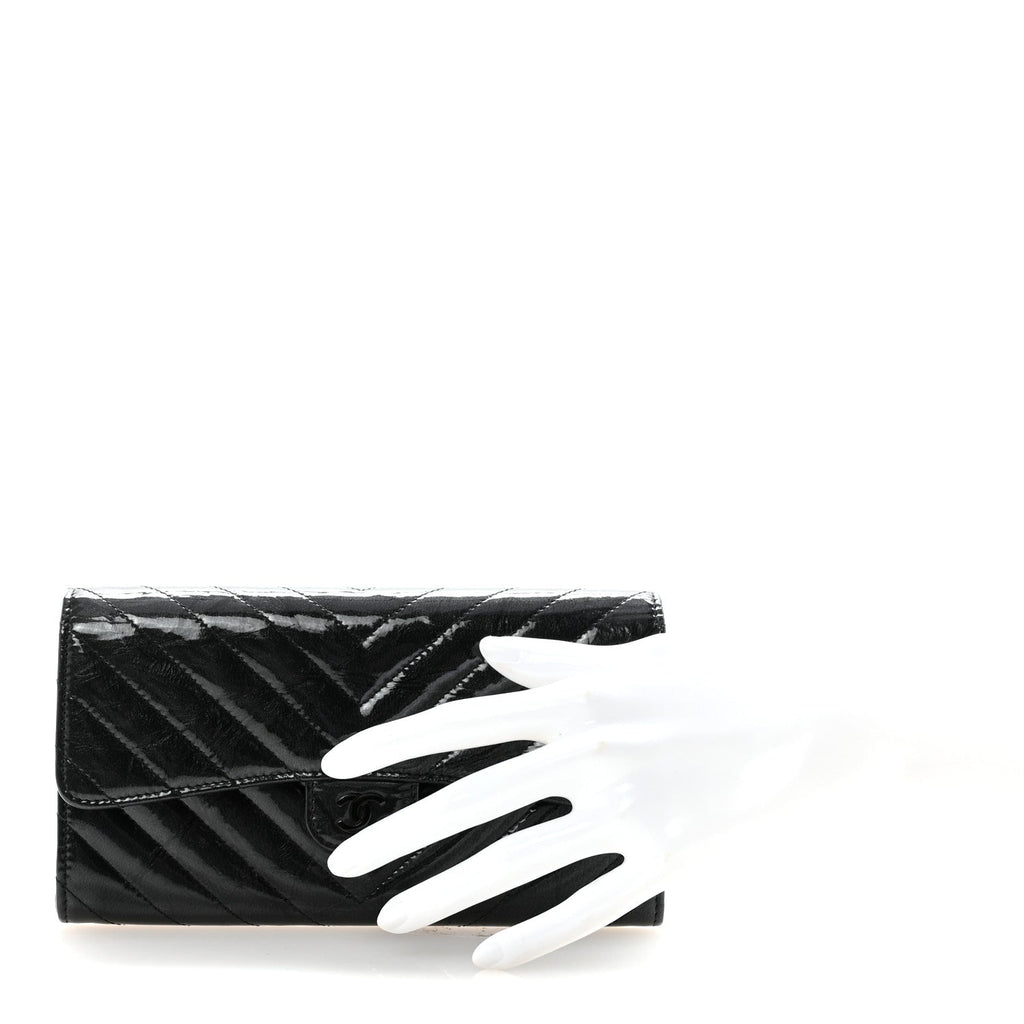 Patent Metallic Crumpled Calfskin Chevron Quilted Large Gusset Flap Wallet So Black