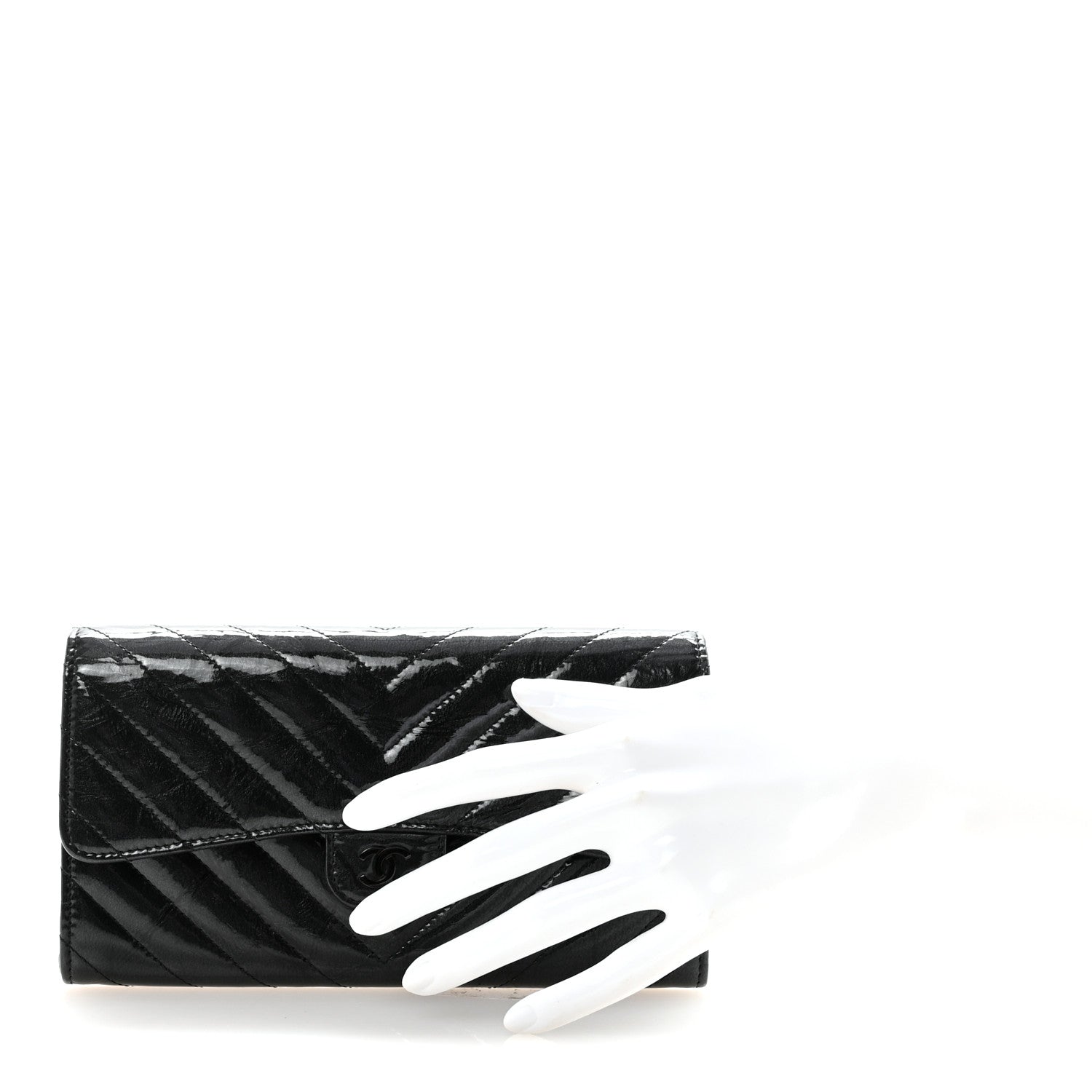Patent Metallic Crumpled Calfskin Chevron Quilted Large Gusset Flap Wallet So Black