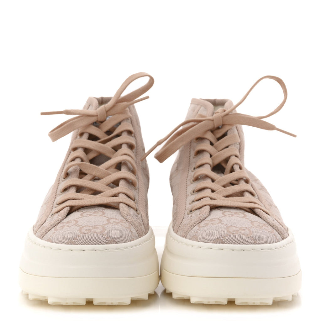 Gucci New Canvas GG Monogram Womens Tennis 1977 High Top 55mm Platform Sneakers 38 Skin Rose Dark Skin Rose