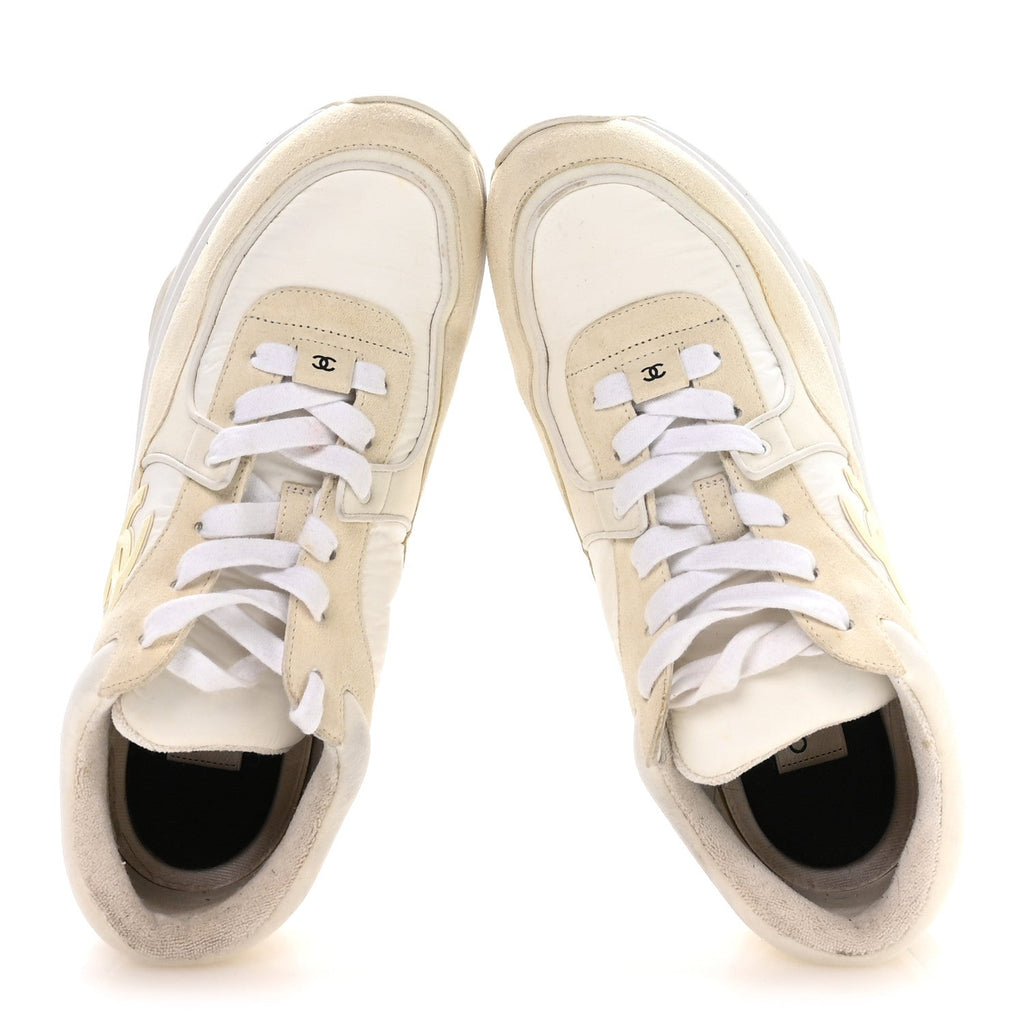 Chanel Suede Calfskin Fabric CC Sneakers 42 White