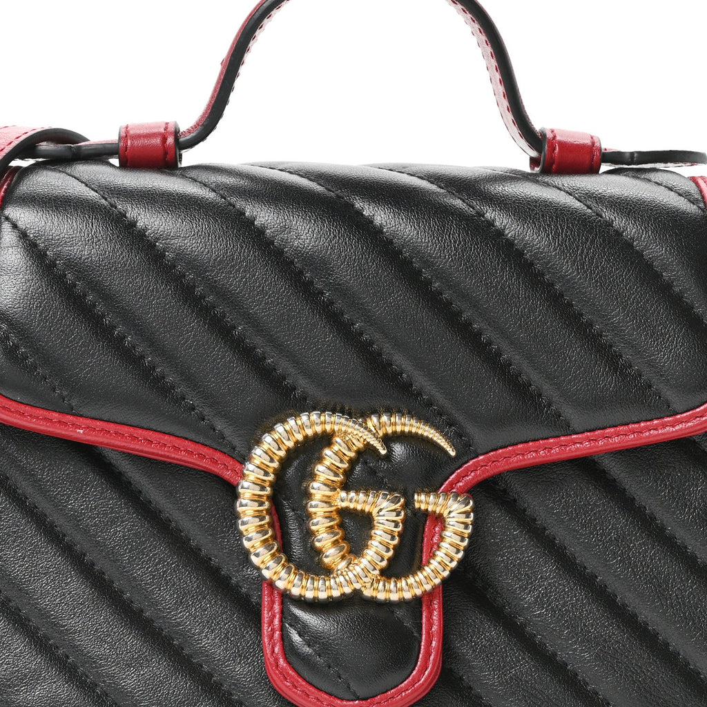 Gucci Vintage Effect Calfskin Matelasse Diagonal Mini Torchon GG Marmont Top Handle Shoulder Bag Black Romantic Cherry