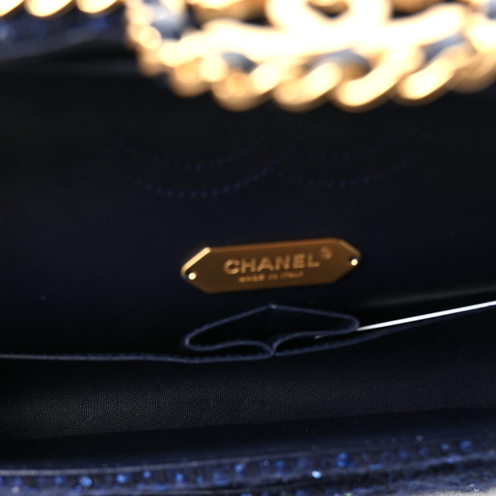 Chanel Tweed Sequin Timeless Classic Chained Double Flap Navy Blue