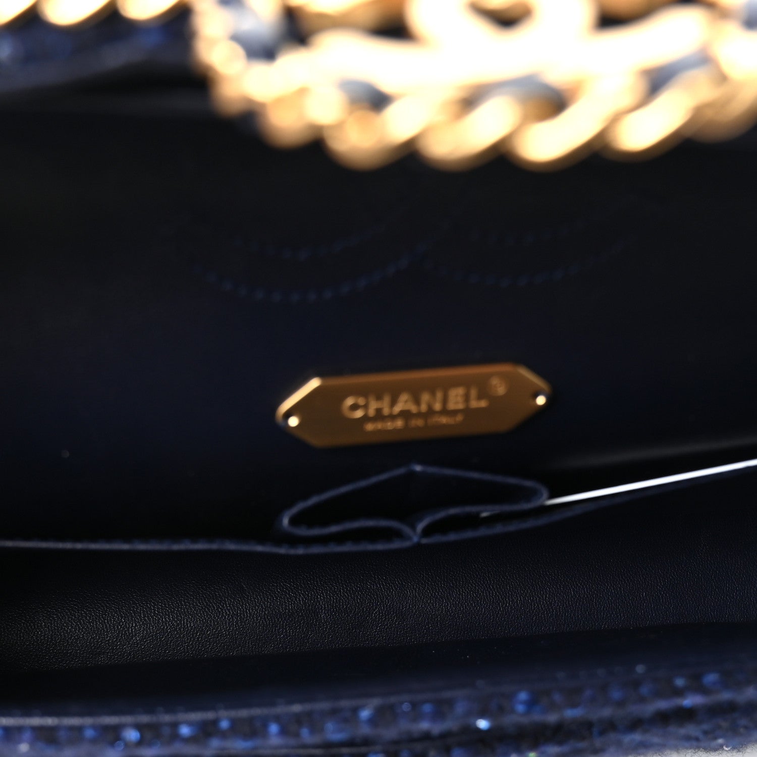 Chanel Tweed Sequin Timeless Classic Chained Double Flap Navy Blue