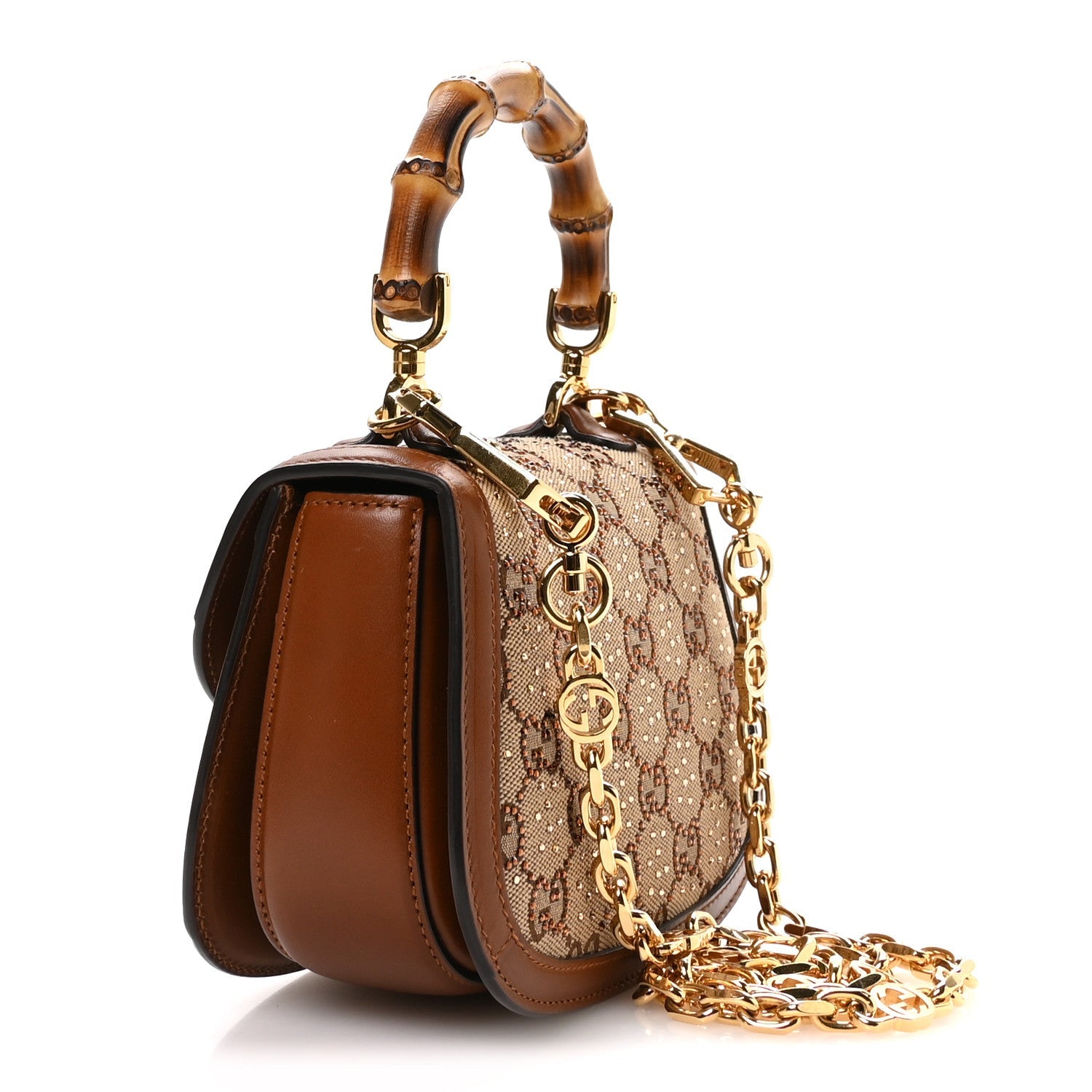 Gucci New Canvas Charisma Calfskin Crystal GG Monogram Small Bamboo 1947 Top Handle Bag Camel Ebony