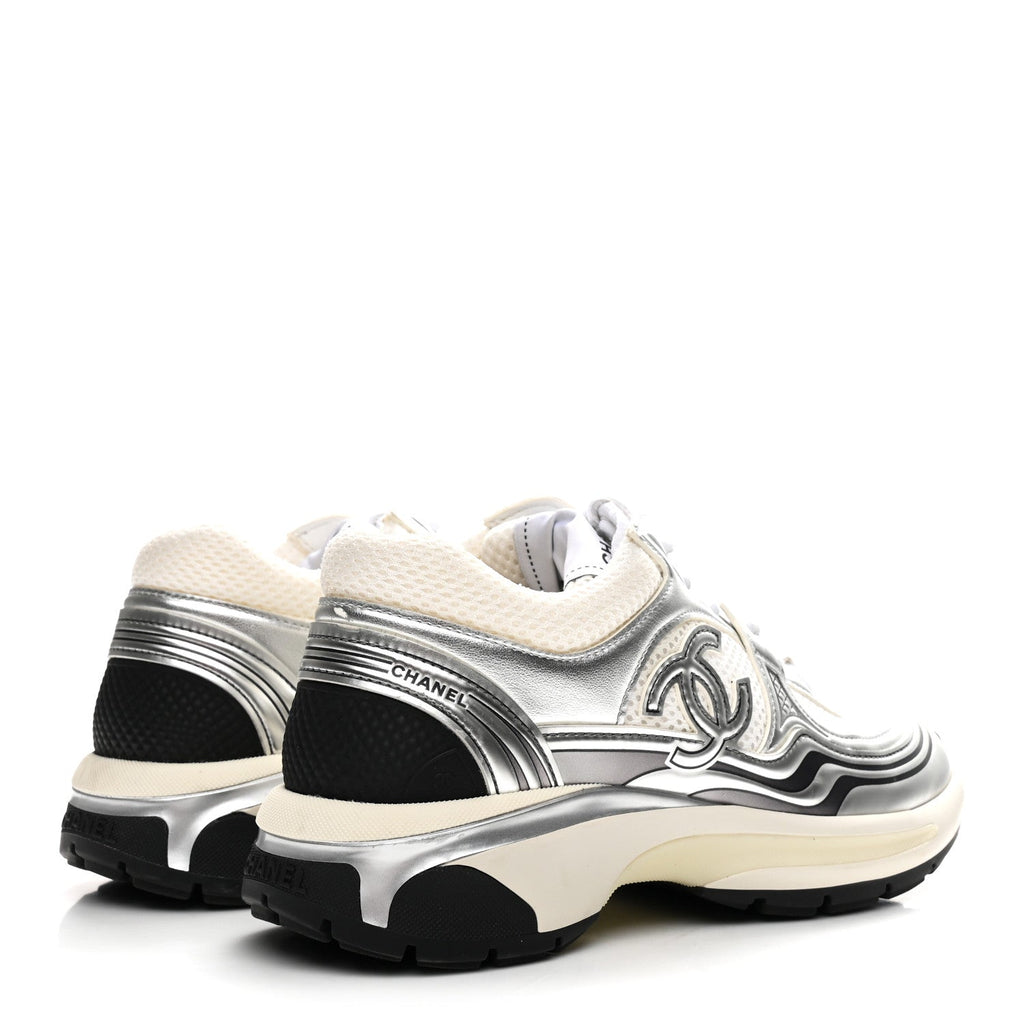 Fabric Laminated Calfskin Stretch CC Sneakers 36 White Silver