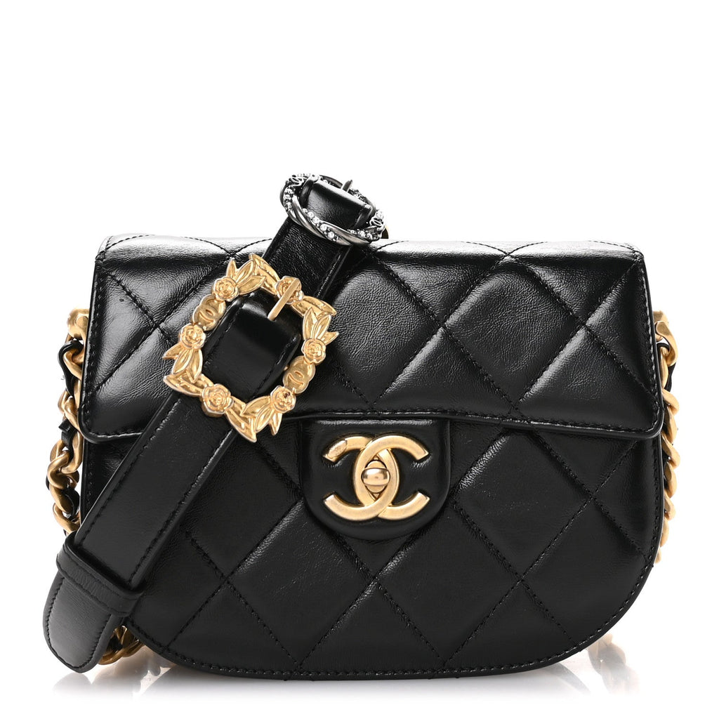 Chanel Shiny Calfskin Quilted Buckle Moon Messenger Black