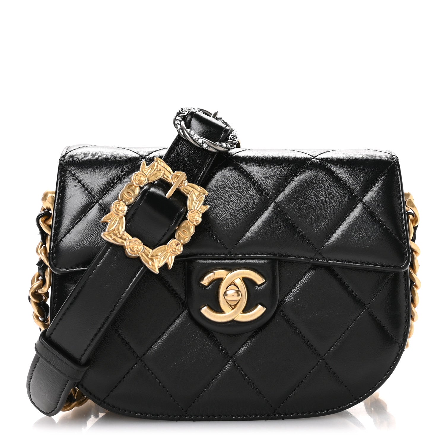 Chanel Shiny Calfskin Quilted Buckle Moon Messenger Black