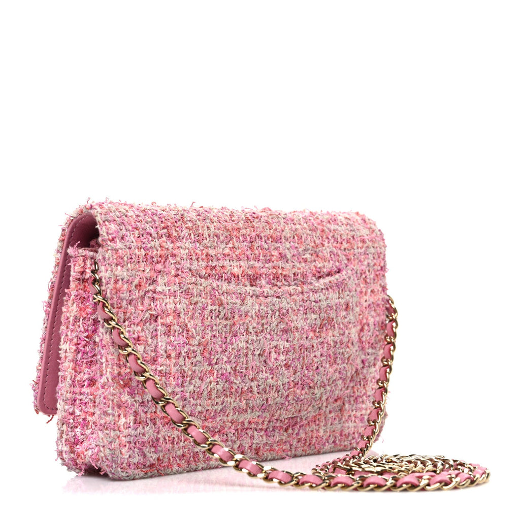 Chanel Tweed Quilted Wallet On Chain WOC Pink