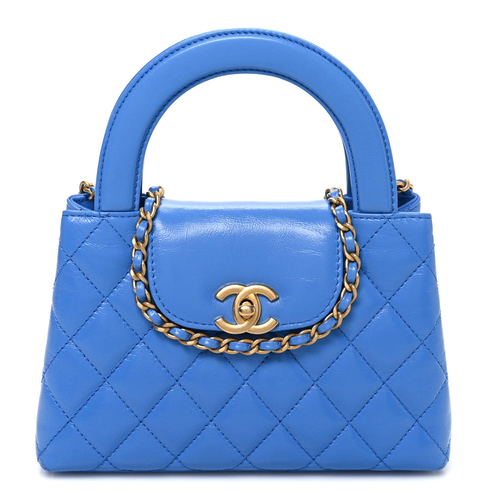 Chanel Shiny Aged Calfskin Quilted Nano Kelly Shopper Blue
