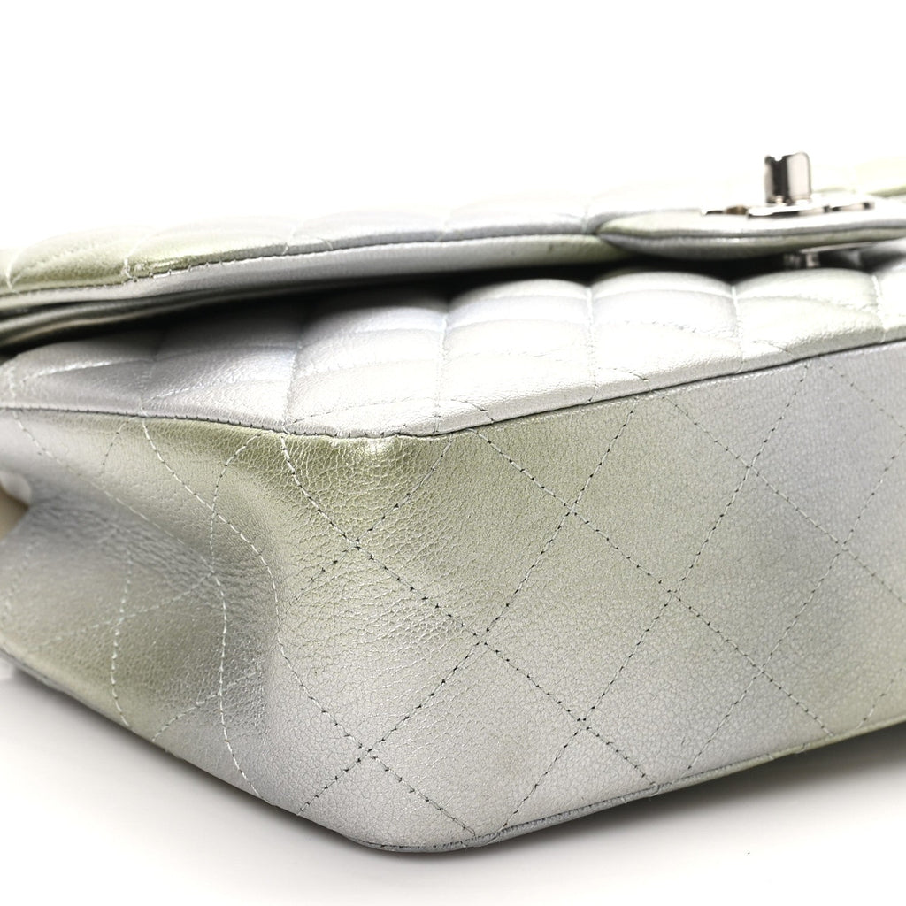 Chanel Metallic Goatskin Quilted Ombre Medium Double Flap Grey Green
