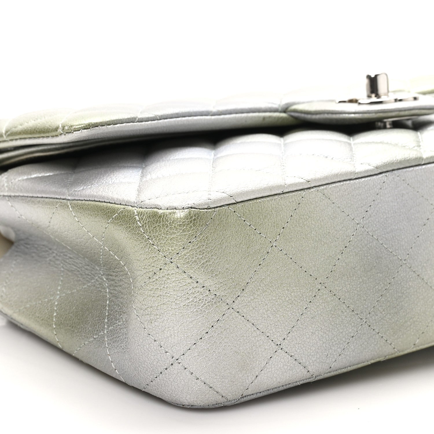 Chanel Metallic Goatskin Quilted Ombre Medium Double Flap Grey Green