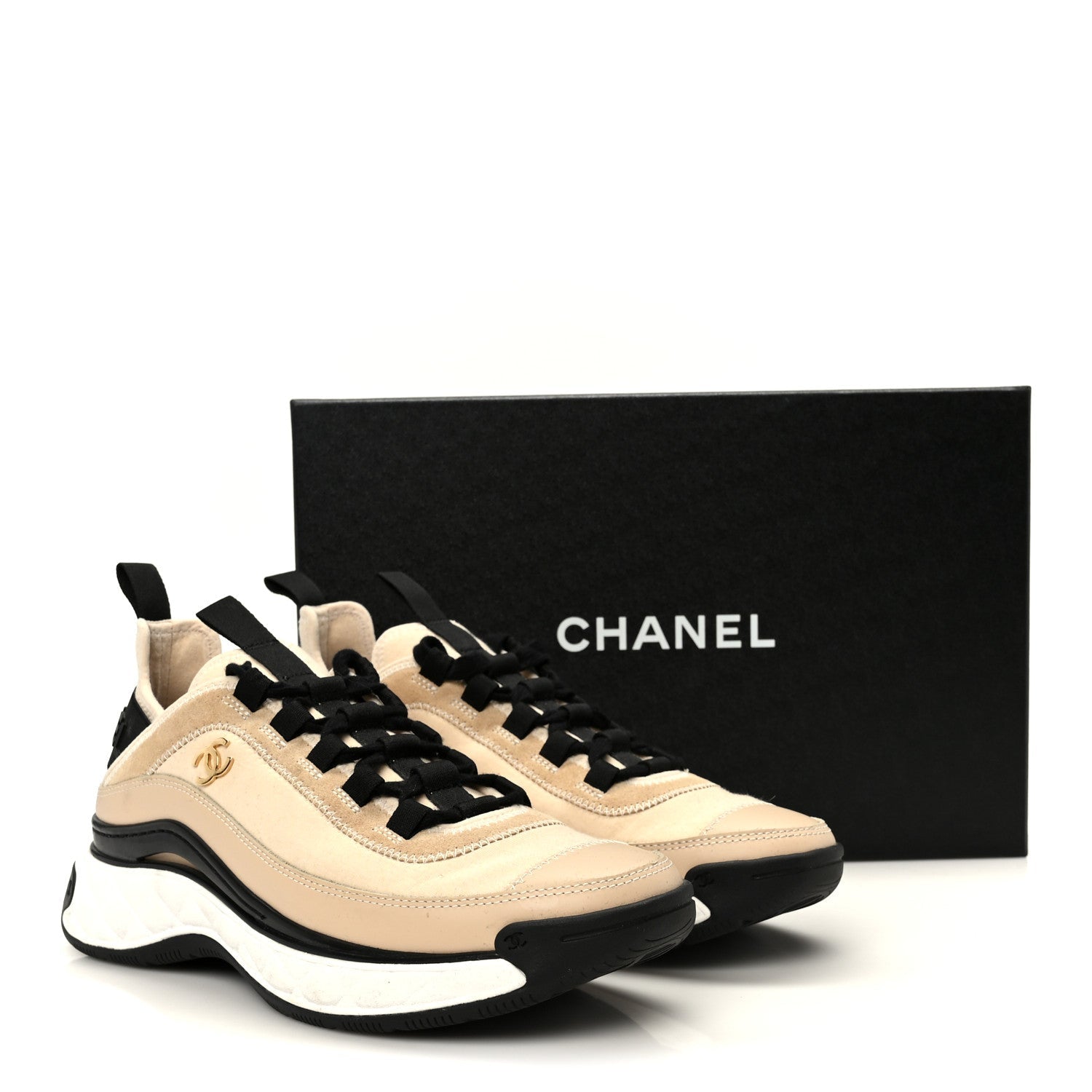 Chanel Velvet Calfskin Mixed Fibers CC Sneakers 37.5 Beige