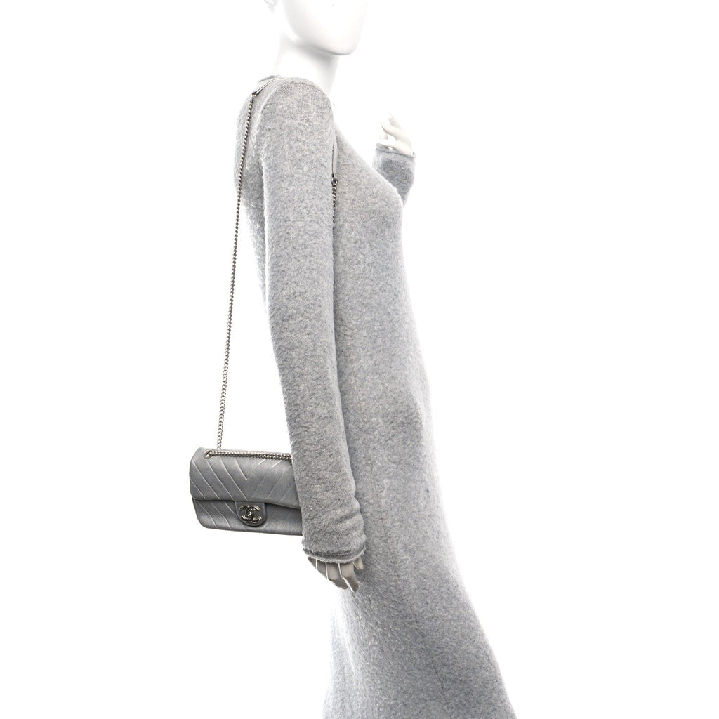 Chanel Metallic Lambskin Chevron Quilted Mini Rectangular Flap Silver